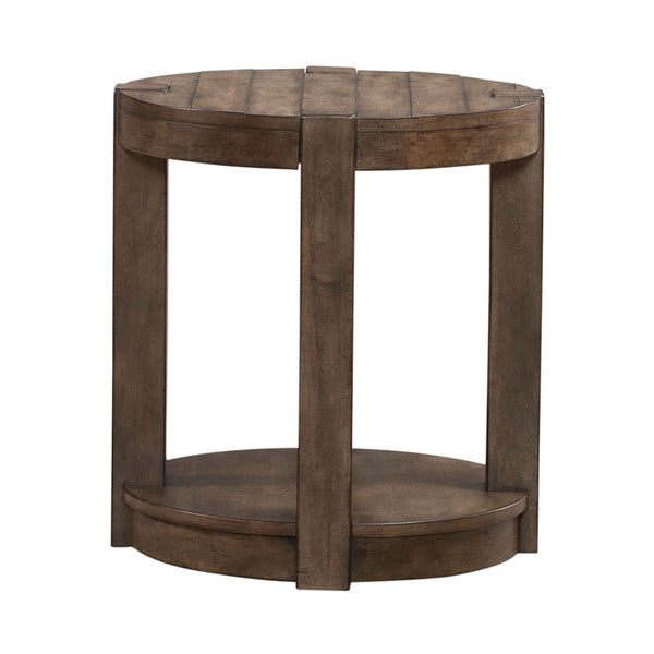 Liberty Furniture Broadmore Cobblestone Brown Round Chairside Table with Planked Top
