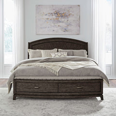 Liberty Furniture Avalon Coffee Bean King Panel Nail Head Trim Storage Bed with Starburst Veneer Pattern & Padded Upholstered Bench Seat