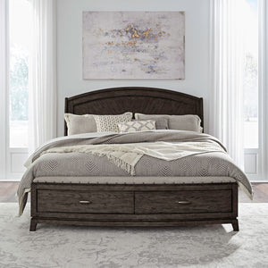 Liberty Furniture Avalon Coffee Bean King Panel Nail Head Trim Storage Bed with Starburst Veneer Pattern & Padded Upholstered Bench Seat
