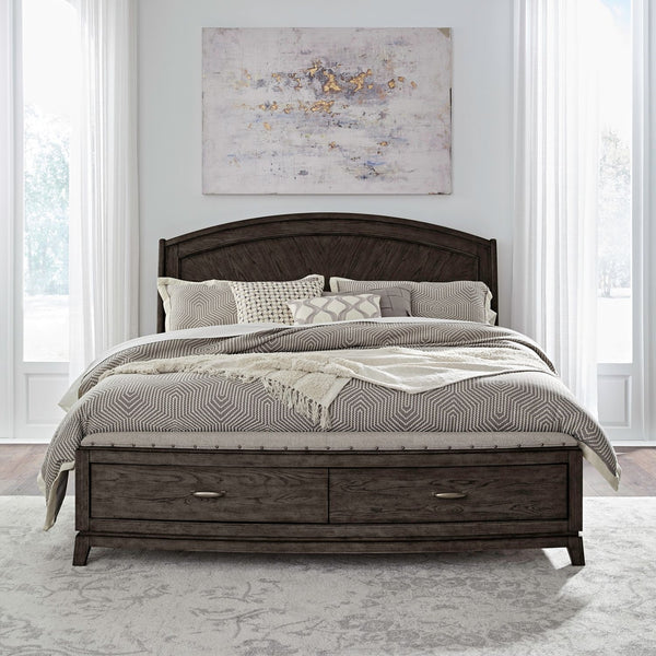 Liberty Furniture Avalon Coffee Bean King Panel Nail Head Trim Storage Bed with Starburst Veneer Pattern & Padded Upholstered Bench Seat