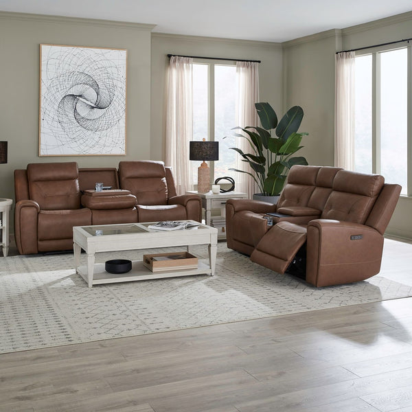 Liberty Furniture Beckham Aline Saddle Leather Dual Zero Gravity Power Recline with Powered Articulating Headrest Sofa & Console Loveseat Set with USB