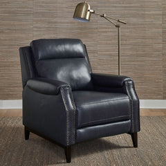 Liberty Furniture Rawling York Navy Leather Manual Push Back Recliner with Antique Brass Nail Head Trim