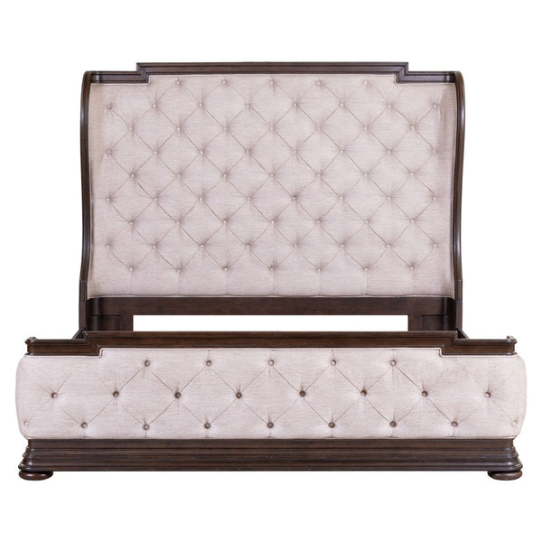 Liberty Furniture Provence Park Chateau Brown Queen Shelter Bed with Button Tufted Upholstered Panel