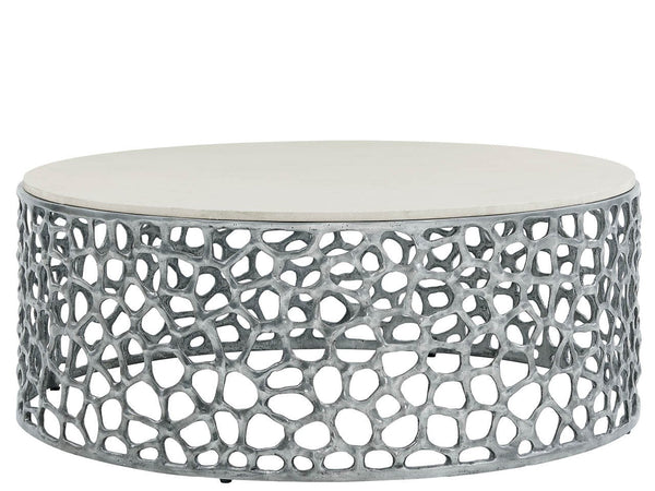 Universal Furniture Coastal Living Oasis Coral Quartz Top Cocktail Table in Antique Nickel