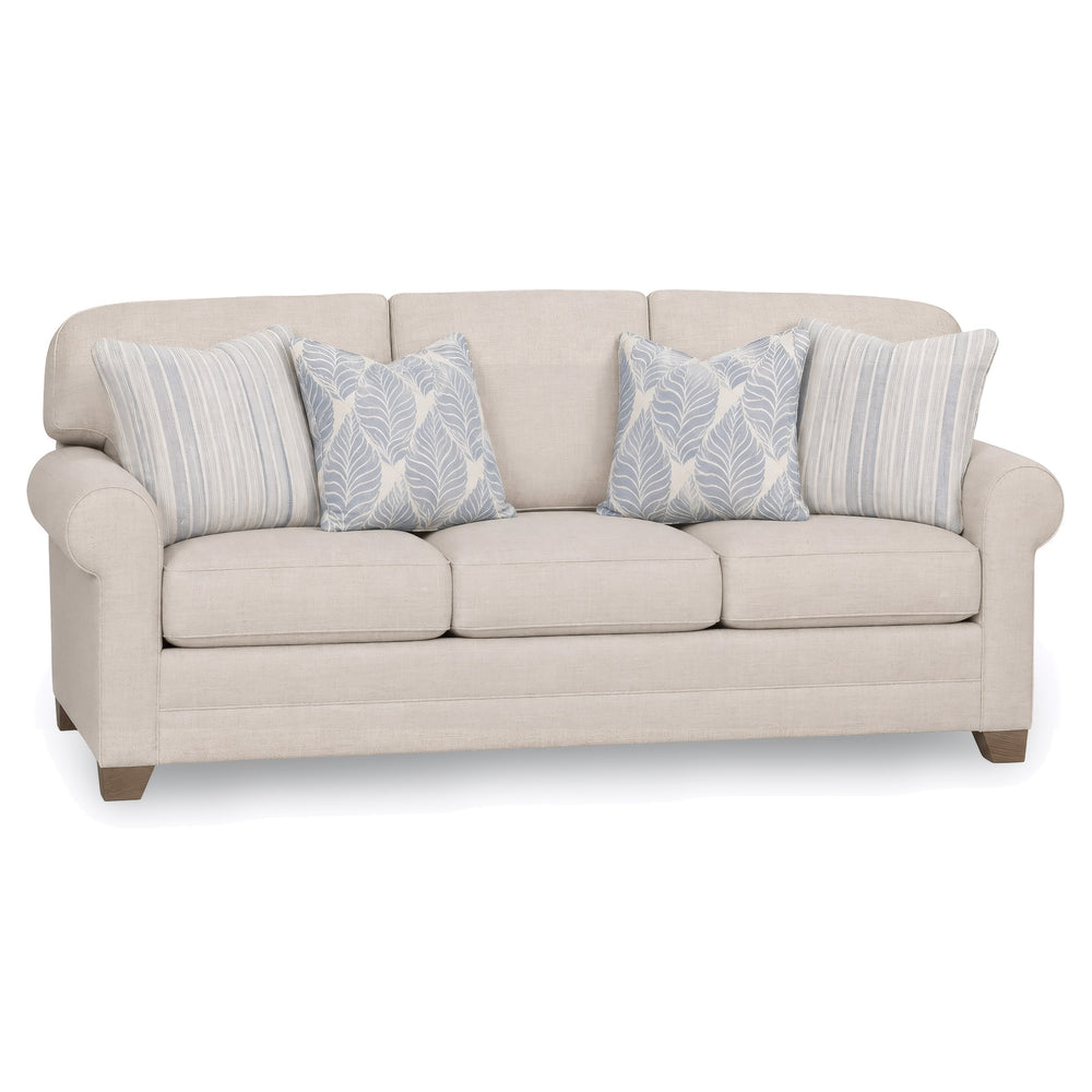 King Hickory Winston Sofa in Sarah Putty with Carolina Surf and Folly Surf Pillows