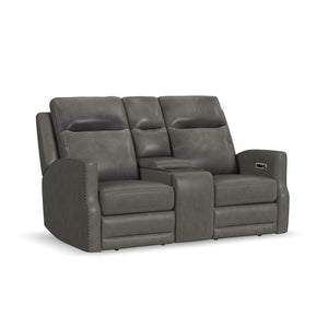 Flexsteel Maxwell Leather Power Reclining Loveseat with Console, Power Headrests and Lumbar in Cinder