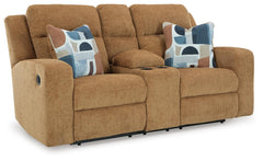 Kanlow Reclining Fabric Console Loveseat Honey