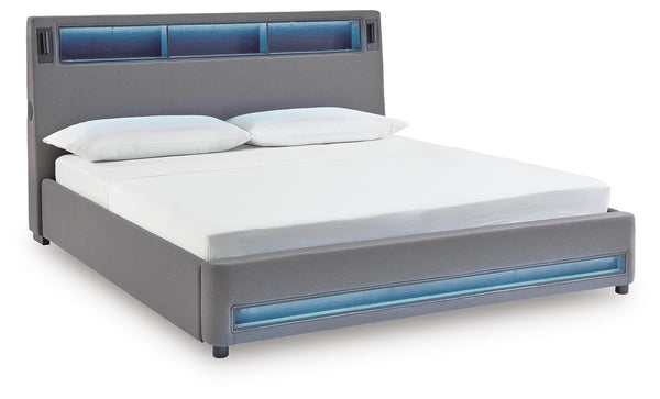 Verishaw King Upholstered Bed with Wireless Audio & USB Gray