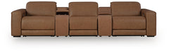 Magic Man 5-Piece Power Reclining Leather Sectional with Console Caramel