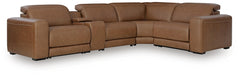 Magic Man 5-Piece Power Reclining Leather Sectional with Console Caramel