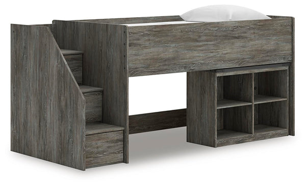 Frandern Twin Loft Bed with Bookcase Storage Gray