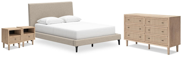 Cielden Queen Upholstered Bed, Dresser & 2 Nightstands Two-tone