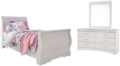 Anarasia Twin Sleigh Bed, Dresser & Mirror White