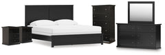 Maribel King Panel Bed, Dresser, Mirror, Chest, & 2 Nightstands Black