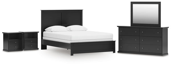 Maribel Queen Panel Bed with Dresser, Mirror & 2 Nightstands Black