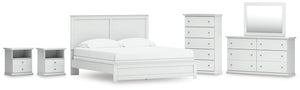Bostwick Shoals King Panel Bed, Dresser, Mirror, Chest & 2 Nightstands White
