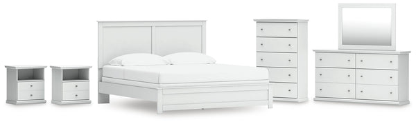 Bostwick Shoals King Panel Bed, Dresser, Mirror, Chest & 2 Nightstands White