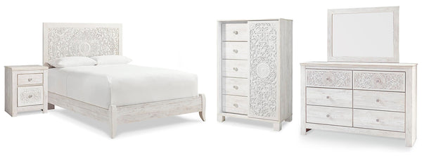 Paxberry Queen Panel Bed, Dresser, Mirror, Chest & Nightstand Whitewash