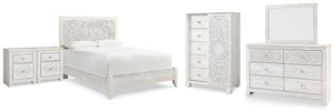 Paxberry Queen Panel Bed, Dresser, Mirror, Chest & 2 Nightstands Whitewash