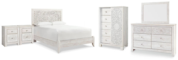 Paxberry Queen Panel Bed, Dresser, Mirror, Chest & 2 Nightstands Whitewash