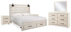 Cambeck King Storage Bed, 2 Dressers, Mirror, & 2 Nightstands Whitewash