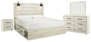 Cambeck King Panel Storage Bed, Dresser, Mirror & Nightstand Whitewash