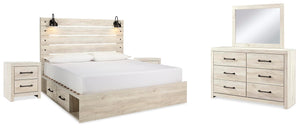 Cambeck King Panel Bed with 2 Sides of Storage, Dresser, Mirror, & Nightstand Whitewash