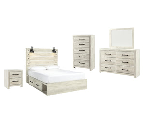 Cambeck Queen Panel Bed with Storage, Dresser, Mirror, Chest & Nightstand Whitewash