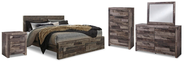 Derekson King Panel Storage Bed, Dresser, Mirror, Chest & Nightstand Multi Gray