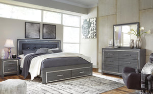 Lodanna King Upholstered Storage Bed, Dresser, Mirror, & Nightstand Gray