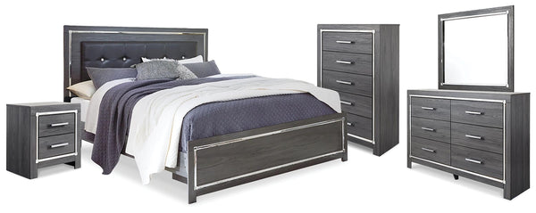 Lodanna King Upholstered Panel Bed, Dresser, Mirror, Chest & Nightstand Gray