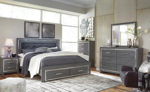 Lodanna King Upholstered Storage Bed, Dresser, Mirror, Chest & 2 Nightstands Gray
