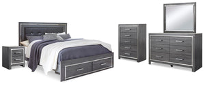 Lodanna King Upholstered Storage Bed, Dresser, Mirror, Chest & Nightstand Gray