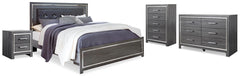 Lodanna King Upholstered Panel Bed, Dresser, Chest & 2 Nightstands Gray