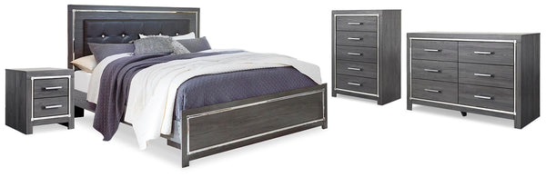 Lodanna King Upholstered Panel Bed, Dresser, Chest & 2 Nightstands Gray