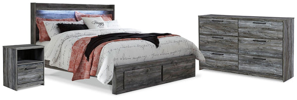 Baystorm King Panel Storage Bed, Dresser & Nightstand Gray
