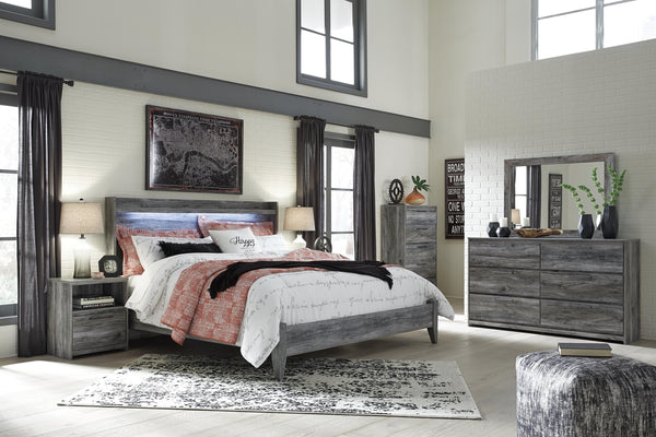 Baystorm King Panel Bed, Dresser, Mirror, Chest & 2 Nightstands Gray