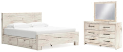 Lawroy King Panel Bed with Storage, Dresser & Mirror Light Natural