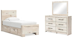 Lawroy Twin Panel Bed with Storage, Dresser & Mirror Light Natural