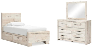 Lawroy Twin Panel Bed with Storage, Dresser & Mirror Light Natural