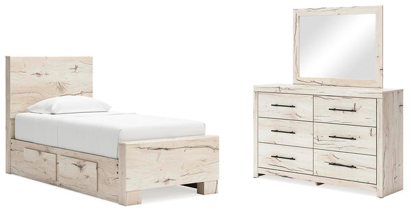 Lawroy Twin Panel Bed with Storage, Dresser & Mirror Light Natural