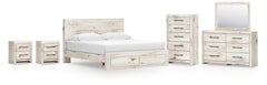 Lawroy King Panel Storage Bed, Dresser, Mirror, Chest & 2 Nightstands Light Natural