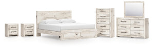 Lawroy King Panel Storage Bed, Dresser, Mirror, Chest & 2 Nightstands Light Natural