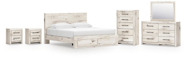 Lawroy King Panel Storage Bed, Dresser, Mirror, Chest & 2 Nightstands Light Natural