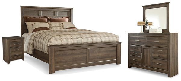 Juararo Queen Panel Bed, Dresser, Mirror & Nightstand Dark Brown