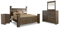 Juararo King Poster Bed, Dresser, Mirror & Nightstand Dark Brown