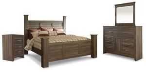 Juararo King Poster Bed, Dresser, Mirror & Nightstand Dark Brown