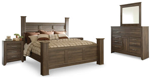 Juararo King Poster Bed, Dresser, Mirror & 2 Nightstands Dark Brown