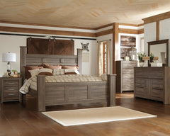 Juararo King Poster Bed, Dresser, Mirror, Chest & Nightstand Dark Brown