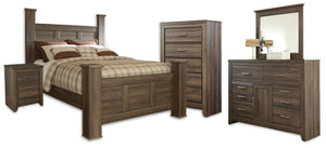 Juararo Queen Poster Bed, Dresser, Mirror, Chest & Nightstand Dark Brown